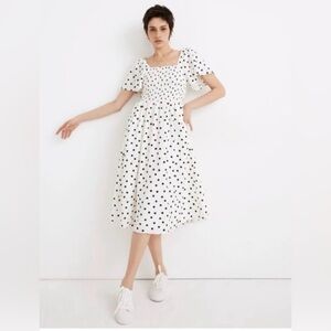 Madewell Size Small Linen-Blend Lucie Smocked Midi Dress in Polka Dot